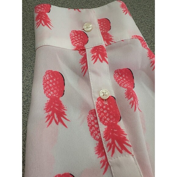 Express Women’s M  White w/ Hot  Pink Pineapples V Neck Roll Tab Button Up Shirt - Picture 5 of 8